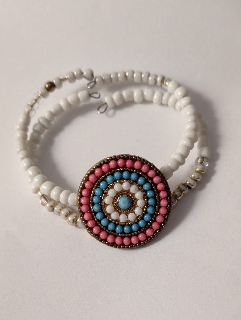 Boho Beaded Circle Wrap Bracelet - White, Pink & Blue